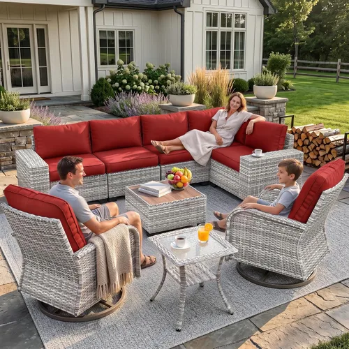 Vista 74 de Muebles de patio al aire libre conjunto PE mimbre ratán al aire libre sofá seccional Gris