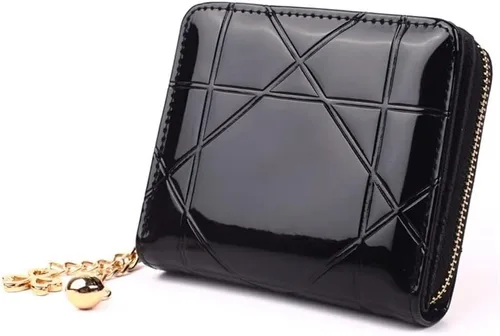 Vista 5 de Monedero corto de 3 pliegues para mujer, con tarjetero de charol (color negro)