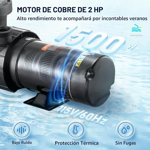 Vista 3 de VEVOR Bomba de piscina 2 HP 6090 GPH Max Flow Bomba de velocidad única, 115