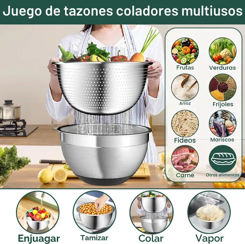 Vista 4 de Nicdiet - Juego de cuencos de mezcla con tapas herméticas, juego de cuencos de mezcla de acero inoxidable con 3 cuencos anidados de metal, colador