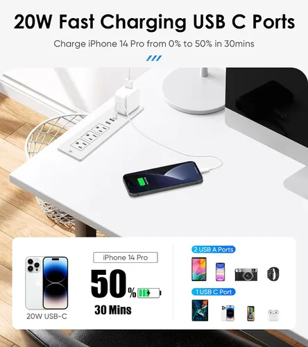 Vista 4 de VILONG Regleta de alimentación empotrada con PD 20W USB-C, salida de cajón empotrada, 4 tomas de corriente y 3 puertos USB, regleta de alimentación