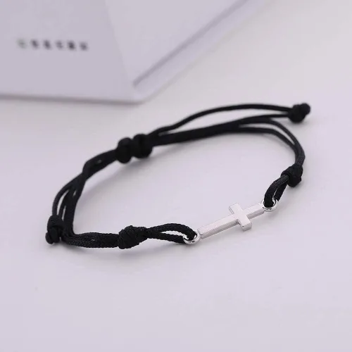 Vista 2 de LIKGREAT Pulsera de cordón de cera trenzada hecha a mano con dije de cruz cristiana para mujer, Sin gemas.