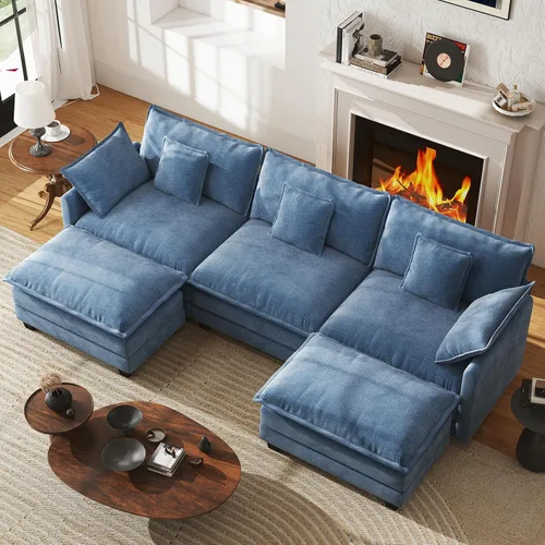 Vista 32 de Sofá de nube en forma de L de 77 pulgadas, sofá modular con otomana, cómodo sofá biplaza de felpilla con almohada para sala de estar, dormitorio
