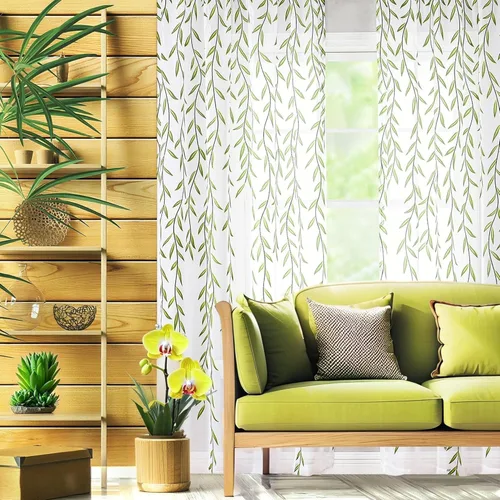 Vista 9 de BROSHAN - Cortinas transparentes con estampado verde, color blanco, 2