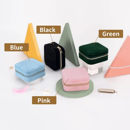 Vista 4 de Joyero de terciopelo de viaje con espejo mini estuche de regalo para mujeres y niñas pequeñas cajas organizadoras portátiles para anillos aretes
