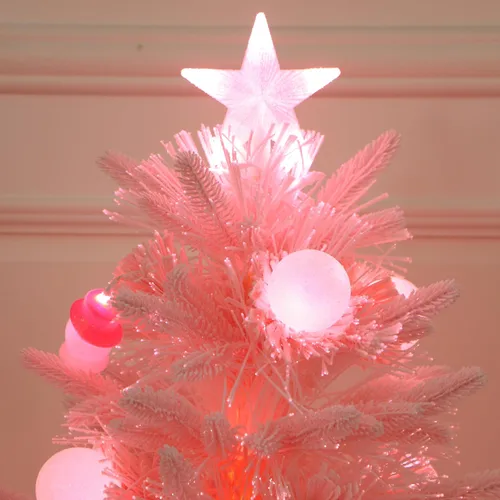 Vista 3 de Árbol de Navidad de fibra óptica rosa preiluminado, decorado con muñeco de nieve y bolas de Navidad (3 pies)