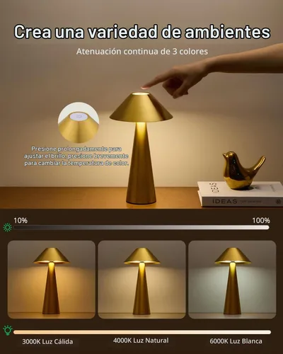 Vista 4 de Bojim Lámpara de mesa inalámbrica recargable, luces LED de mesa inalámbricas, funciona con pilas, táctil para 3 colores regulables, impermeable IP54