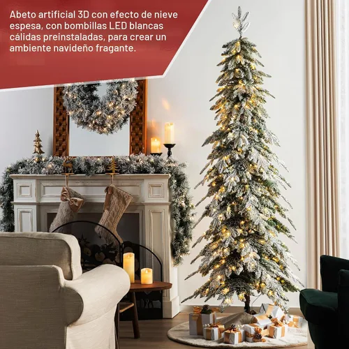 Vista 2 de Glitzhome Árbol de Navidad Artificial de 7.5 pies, Árbol de Navidad Tipo Lápiz Preiluminado con Efecto Nevado Chicago Frostwood Spruce con 350 Luces