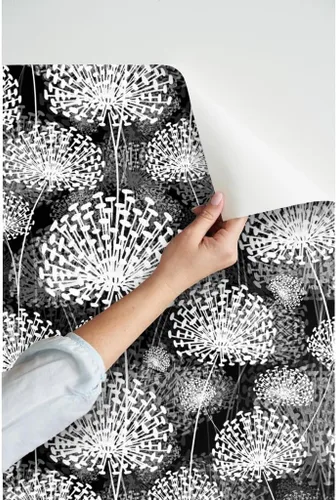 Vista 3 de Spoonflower Papel tapiz para despegar y pegar, diseño de dientes de león blanco y negro, flores de estilo vintage, floral, naturaleza, papel tapiz