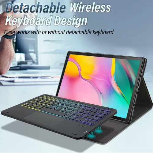 Vista 3 de Funda con teclado táctil retroiluminado para Samsung Galaxy Tab A 10.1 versión 2019, teclado inalámbrico retroiluminado arcoíris de 3 zonas