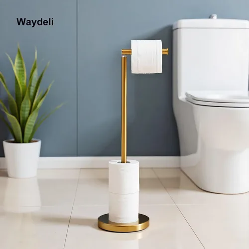 Vista 8 de Soporte de papel higiénico dorado, soporte de papel higiénico independiente con reserva para 4 rollos de repuesto, base resistente, estante