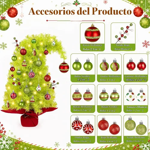 Vista 4 de Mini árbol de Navidad caprichoso de 2 pies con luces, bolas de bayas, 8 Verde lima