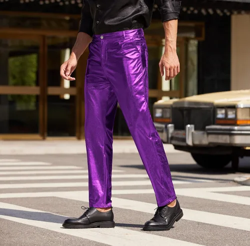 Vista 2 de COOFANDY Pantalones de mezclilla metálicos brillantes para hombre, para fiesta, baile, discoteca, discoteca, pantalones de pierna recta, Metálico