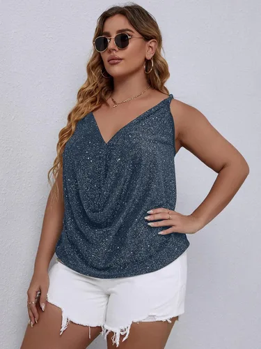 Vista 6 de Floerns Camiseta sin mangas con cuello drapeado con purpurina para mujer, talla grande