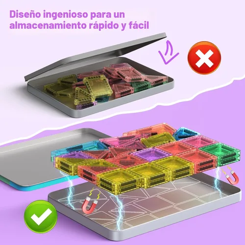 Vista 4 de BAIJLE Juego de 46 mini azulejos magnéticos, para niños, juguetes magnéticos portátiles de viaje con estuche de hierro para niños de 4 a 8 años