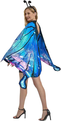 Vista 7 de Disfraz de mariposa de Halloween para mujeres y niñas, tamaño grande, alas de mariposa reversibles de doble cara para adultos y niños