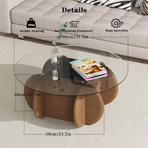 Vista 2 de Noguchi - Mesas de centro redondas transparentes de cristal con patas de madera maciza y mesa de vidrio templado para sala de estar, hogar, espacio