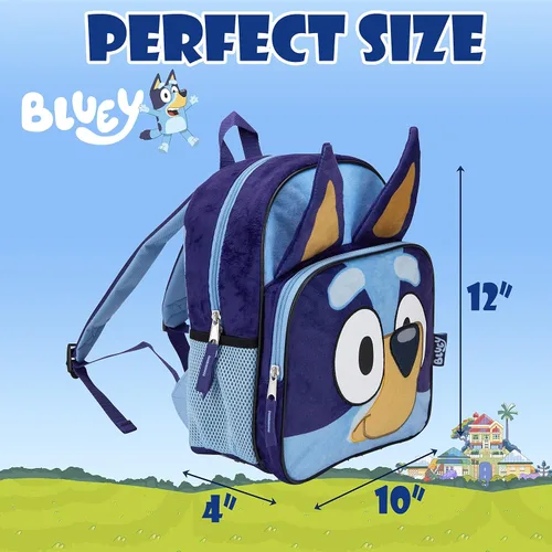 Vista 5 de BLUEY Mochila para niñas y niños para jardín de infantes y escuela primaria 12 pulgadas felpa con orejas y apliques 3D correas ajustables y parte