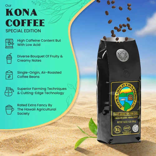 Vista 3 de Kona Gold UltraViolet Blu Light - Edición especial biodinámica Granos de café enteros orgánicos recién tostados Hecho de granos Kona hawaianos