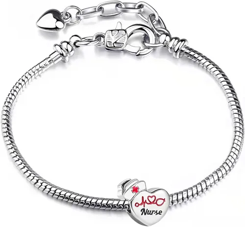 Vista 2 de TGLS Abalorio de corazón con cruz roja para enfermera, estetoscopio, corazón y latido para pulseras