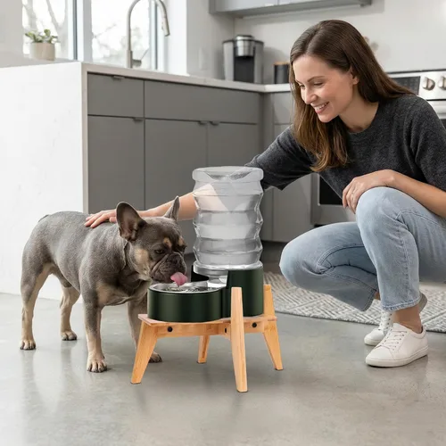 Vista 8 de Soporte para dispensadores de alimentos de agua para perros, adecuado para razas medianas, soporte de bambú para comederos automáticos elevados