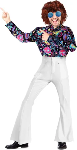 Vista 8 de Eurzom Conjunto de disfraz de discoteca que incluye camisa brillante con pantalón para hombre, peluca afro, collar, lentes de sol para fiesta