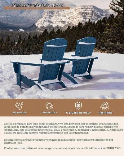 Vista 4 de BRIOPAWS Juego de 2 sillas Adirondack de gran tamaño HDPE Todo tipo de Azul