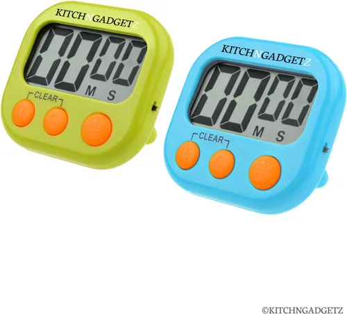Vista 2 de Reloj despertador digital de cocina con temporizador de cuenta regresiva, juego de 2, azul fresco y verde, pantalla LCD grande, botones para minutos