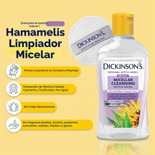 Vista 2 de Dickinson's Agua Micelar Limpiadora de Hamamelis, Un Desmaquillante Todo en 1, Refinador de Poros, Limpiador de Piel y Tónico; Sin Alcohol con Aloe