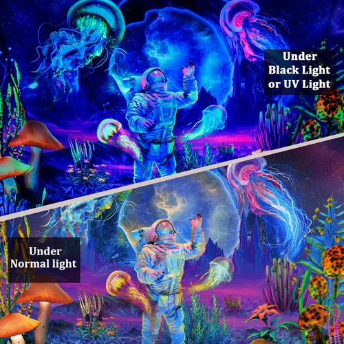 Vista 4 de Heopapin Tapiz de astronauta con luz negra, medusas, hongos, plantas fantásticas reactivas a los rayos UV, tapetes de pared de neón, galaxia, Medusa