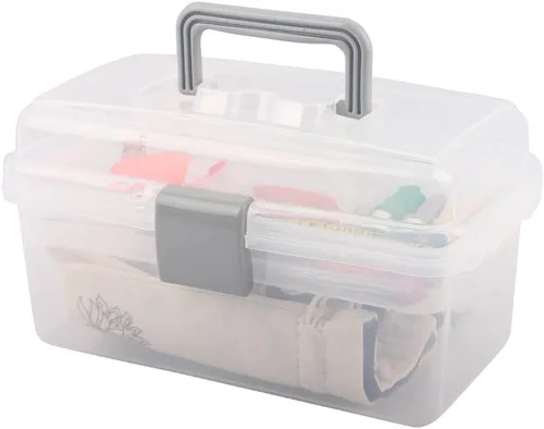 Vista 3 de Caja de almacenamiento de plástico multiusos con asa y cerradura de pestillo, gris transparente Transparente/Gris