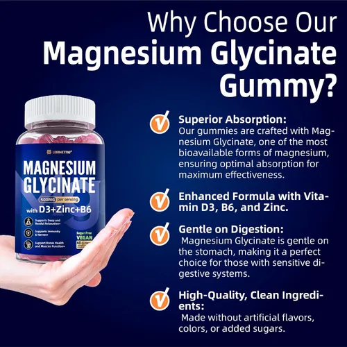 Vista 7 de Glicinato de magnesio 500 mg/250 mg para adultos adolescentes - Plus D3, B6 y zinc - Gomitas de glicinato de magnesio, alta absorción, apoyo