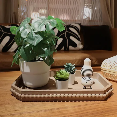 Vista 5 de Hrastany Bandeja de servir rústica de madera con cuentas, bandeja decorativa de granja marrón para centro de mesa, decoración navideña de boda