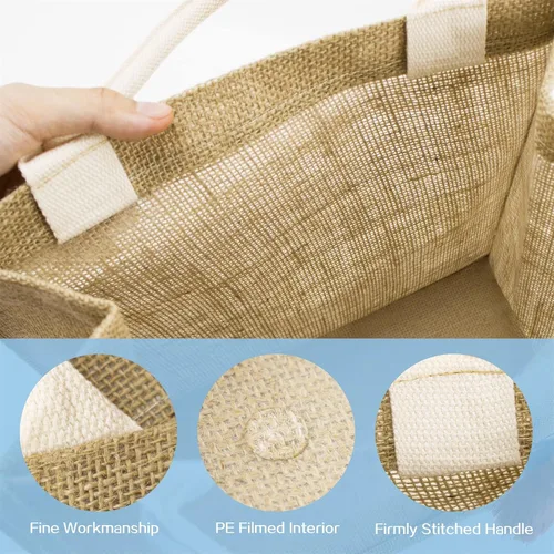 Vista 4 de LB Paquete de 6 bolsas de yute tejidas de arpillera, bolsa de playa con pajilla, asas de algodón con accesorios de borla bohemia, bolsa reutilizable