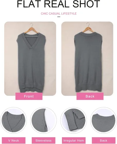 Vista 4 de EVLAESS - Chaleco de gran tamaño para mujer, cuello en V, sin mangas, color sólido, suéter suelto