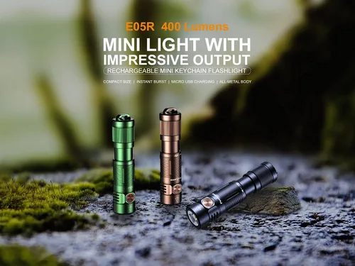 Vista 3 de EdisonBright Fenix E05R 400 Lumen USB Recargable EDC Llavero Linterna Cable de carga Estuche de transporte (negro)
