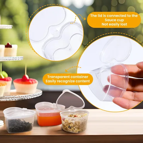 Vista 5 de 50 tazas de salsa desechables con tapas, vasos de plástico en forma de corazón de gelatina de 1.5 onzas, recipientes transparentes para aderezo