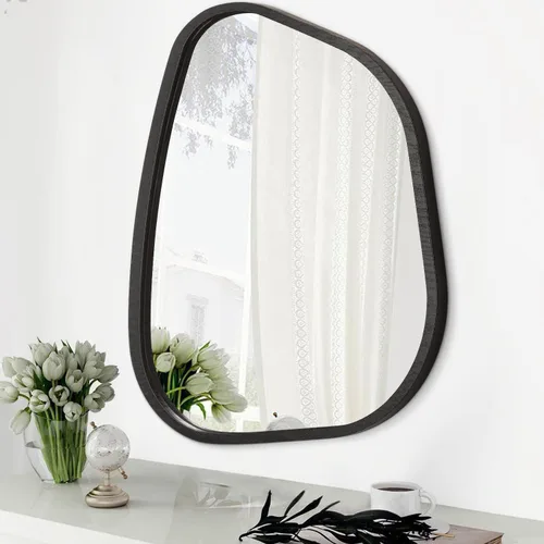 Vista 11 de Espejo de pared asimétrico negro grande de 20 x 16 pulgadas, espejo ovalado irregular, marco de madera moderno, forma única, espejo artístico