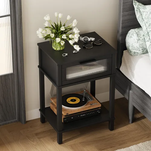 Vista 7 de Mesita de noche de madera con cajón, mesita de noche negra, estilo moderno, mesa auxiliar pequeña con estante de almacenamiento para dormitorio