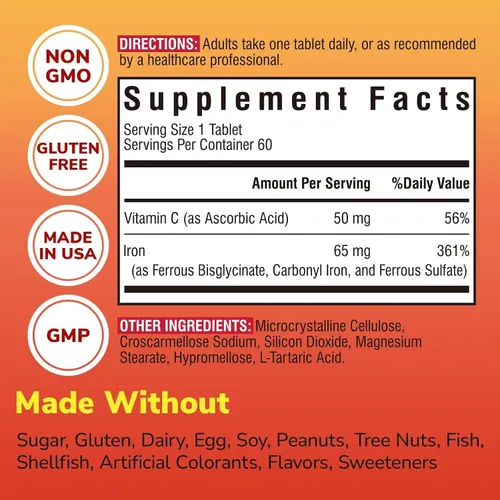 Vista 5 de Suplemento de hierro, bisglicinato ferroso complejo de 65 mg, sulfato, hierro carbonílico with Natural Vitamin C, Stomach Friendly Iron Pills for