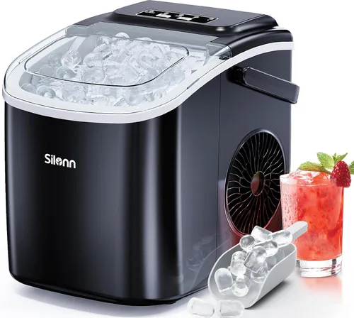 Vista 17 de Máquinas de Hielo de Encimera Silonn, 9 Cubos Listos en 6 Minutos, 26 libras en 24 Horas, Máquina de Hielo Autolimpiante con Pala para Hielo