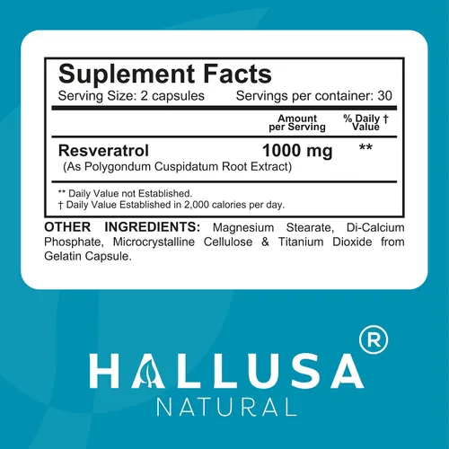 Vista 5 de Hallusa Natural HALLVERATROL Suplemento de resveratrol orgánico, suplemento antioxidante, resveratrol 1000 mg, 60 cápsulas, sin OMG, para un