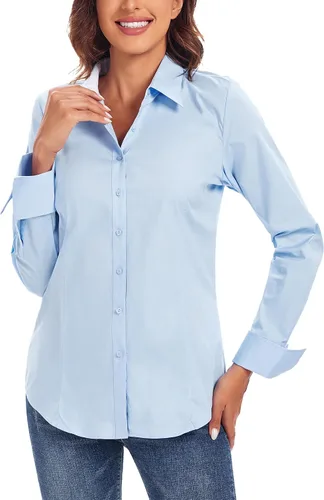 Vista 4 de Esabel.C Camisas de manga larga con botones para mujer, ajuste regular, blusa de trabajo elástica