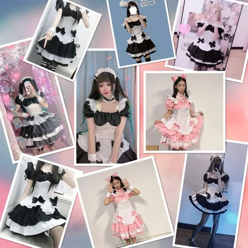 Vista 2 de Anime French Maid Lolita Fancy Queen Princess Dress Cosplay Disfraz Peludo Gato Oreja Guantes Calcetines Conjunto