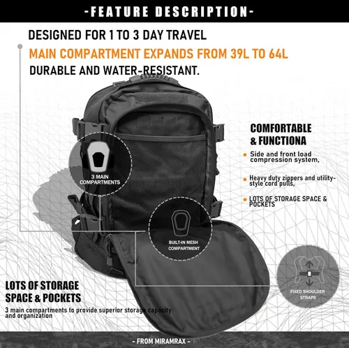 Vista 6 de Miramrax - Mochila táctica militar del ejército - Paquete de asalto para hombres, mochilas Molle, bolsa de evacuación, paquete de 3 días para Negro