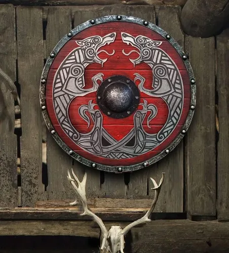 Vista 2 de Escudo vikingo medieval de la era vikinga, tamaño adulto, 12 pulgadas, escudo hecho a mano para soldado, cosplay, armadura redonda, escudo de batalla