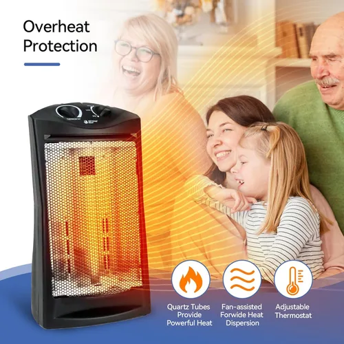 Vista 3 de BEYOND HEAT Calentador de torre radiante infrarrojo de cuarzo eléctrico de 1500 W, calentador de espacio portátil con protección contra vuelco