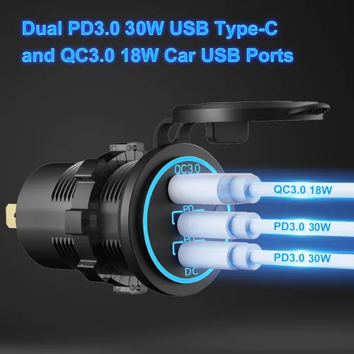Vista 2 de Toma USB de 12V Cable Cargador USB Multipuerto, Dual PD3.0 USB-C y Carga Rápida 3.0 Puerto de Coche con Interruptor de Encendido, Carga Rápida
