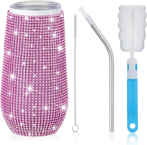 Vista 11 de Tessco Vasos Tumbler con Pedrería Brillante con Pajita Botella de Agua con Purpurina Tumbler de Pajita de Acero Inoxidable Vaso Aislado con Pedrería