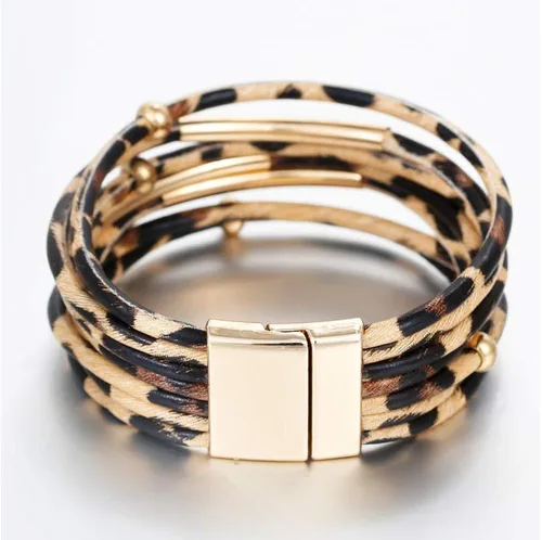 Vista 3 de Fesciory Pulsera de leopardo para mujer, pulsera de cuero bohemio multicapa con perlas de cristal